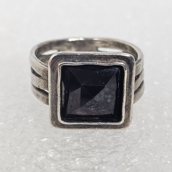 Vintage Sterling Silver Garnet Ring Sz 8.25 Square Wide Cut Out Wavy Band Chunky - Picture 3 of 16